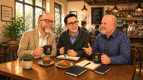 AI-generated illustration of Scott Abel, Rob Hanna, and Patrick Bosek discussing AI-ready content