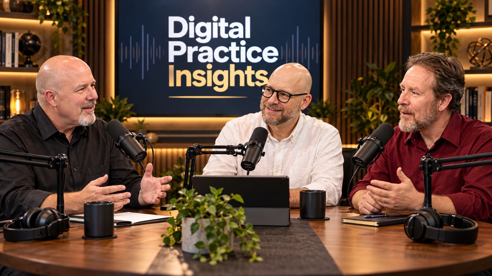 AI-generated illustration of Rob Hanna, Dr. Lance Cummings, and Larry Swanson in a Digital Practice Insights podcast studio.