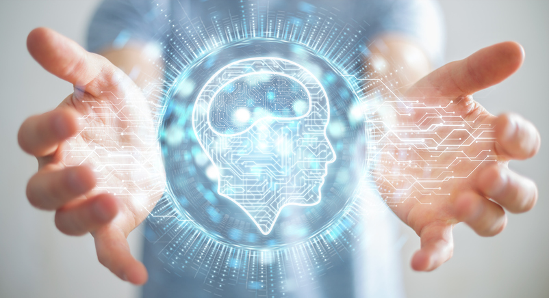 Businessman on blurred background using digital artificial intelligence icon hologram 3D rendering