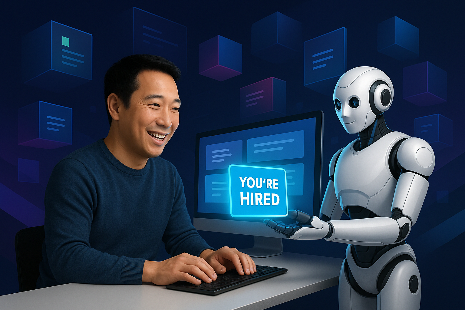 Friendly robot and happy human technical writer collaborating with a blue notice that says You’re Hired