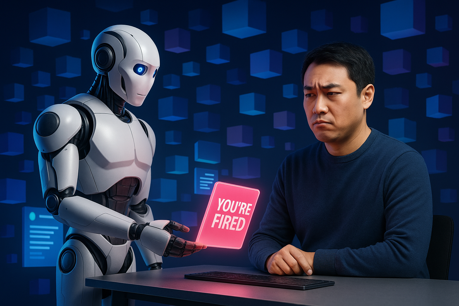 Friendly robot handing a pink digital notice that says You’re Fired to a technical writer