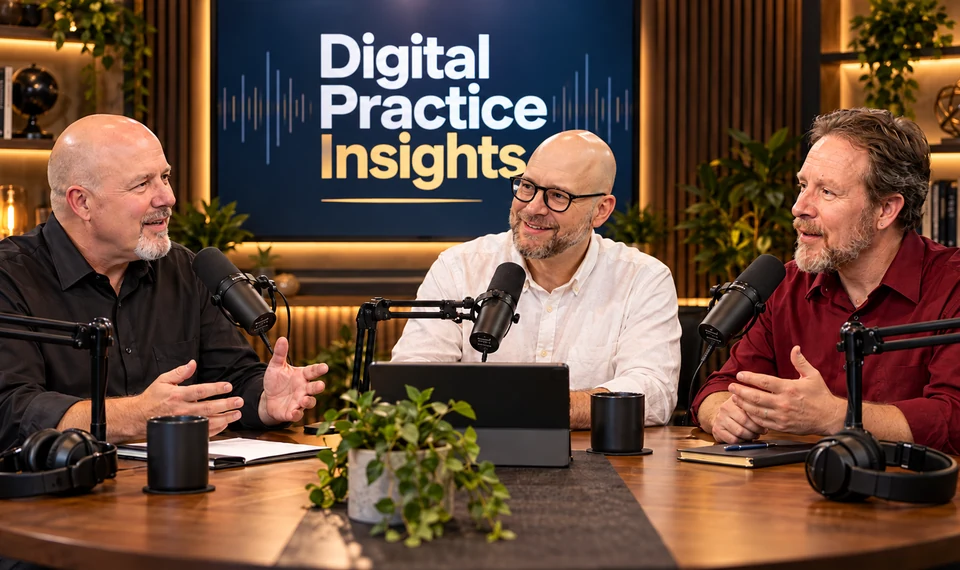 AI-generated illustration of Rob Hanna, Lance Cummings and Larry Swanson on Digital Practice Insights