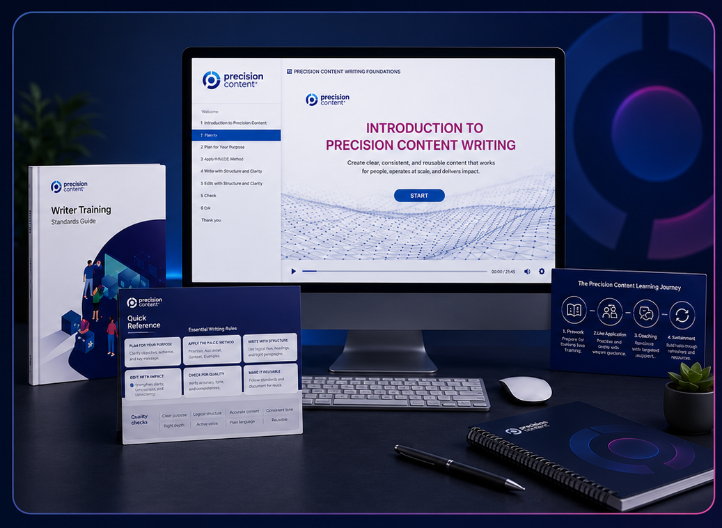 Precision Content Writer Training materials, including the Standards Guide and Quick Reference Card